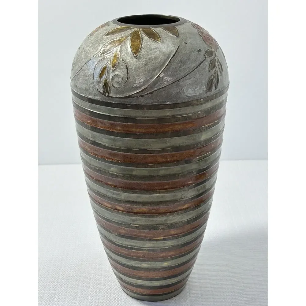 Vintage Brass Cloisonne Flower‎ Decor Vase~Floral~Earthtones~India~10.25